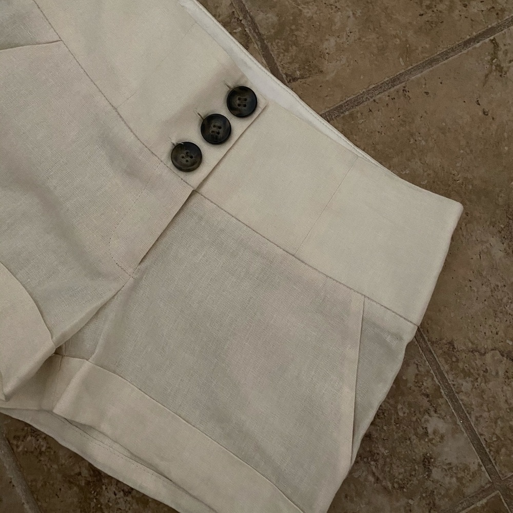 Cream Button Linen Shorts Semi High Waisted Shorts